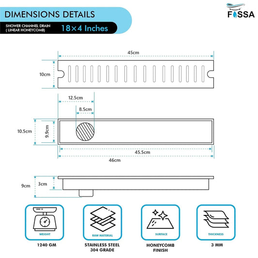 Linear (18 x 4 Inches) Honeycomb Shower Drain Channel With Side Hole AISI 304 Stainless Steel