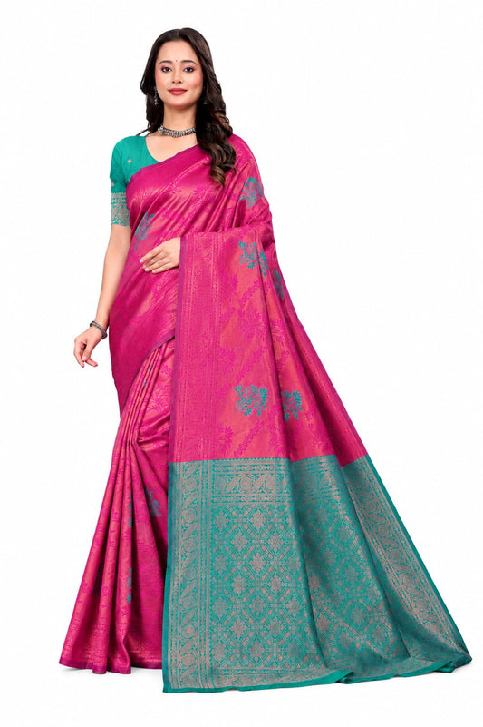 Fashion Women's Kanjivaram Style Soft Silk Banarasi Sarees With Blouse Piece For Women Pure Soft Silk Saree With Blouse Piece For Wedding
