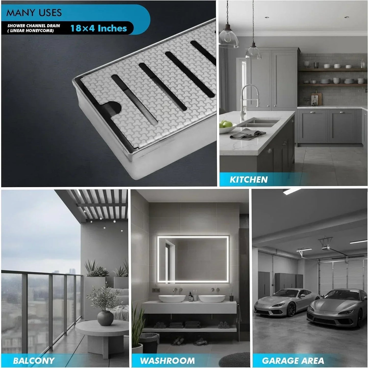 Linear (18 x 4 Inches) Honeycomb Shower Drain Channel With Side Hole  AISI 304 Stainless Steel