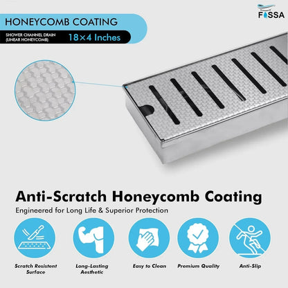 Linear (18 x 4 Inches) Honeycomb Shower Drain Channel With Side Hole  AISI 304 Stainless Steel