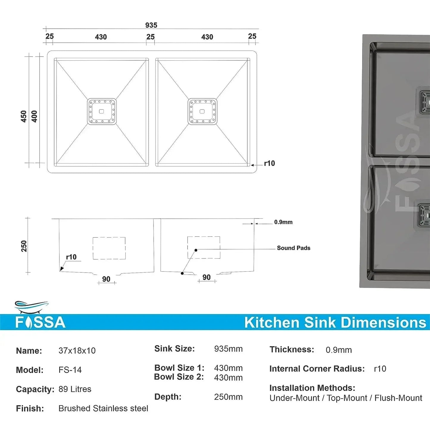 Premium Handmade (37x 18 x 10) Inch Double Bowl  Black Stainless Steel Kitchen Sink