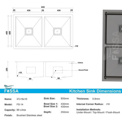 Premium Handmade (37x 18 x 10) Inch Double Bowl  Black Stainless Steel Kitchen Sink